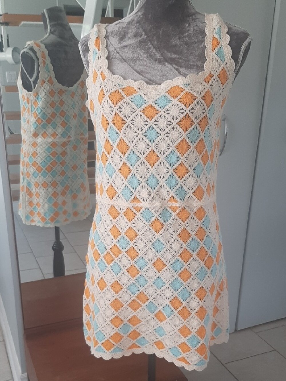 Zara☮Cream Crochet Cotton Dress with Orange & Light Blue Diamonds Sz S